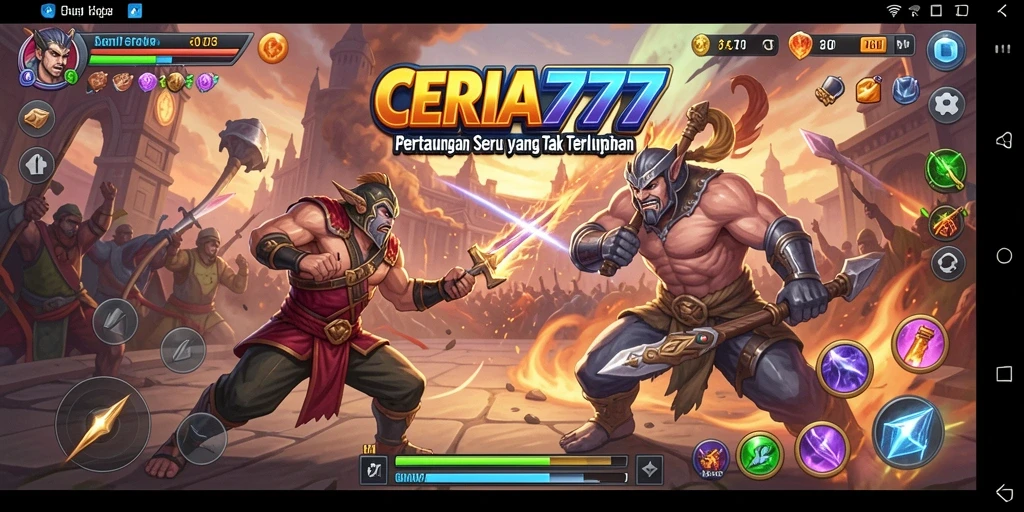 Screenshot gameplay CERIA777 menunjukkan pertarungan seru dengan karakter yang dinamis.
