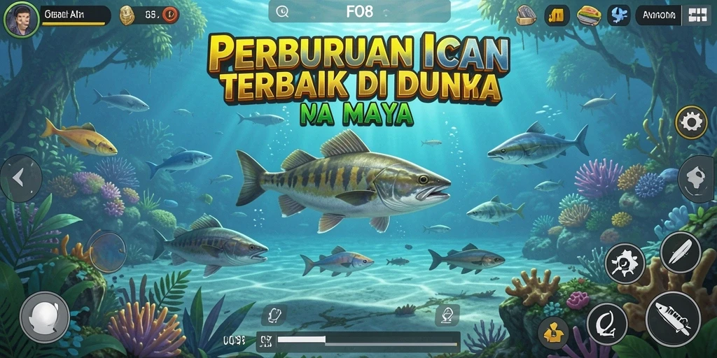 Tampilan gameplay FO8 yang memukau saat memancing di danau yang indah.
