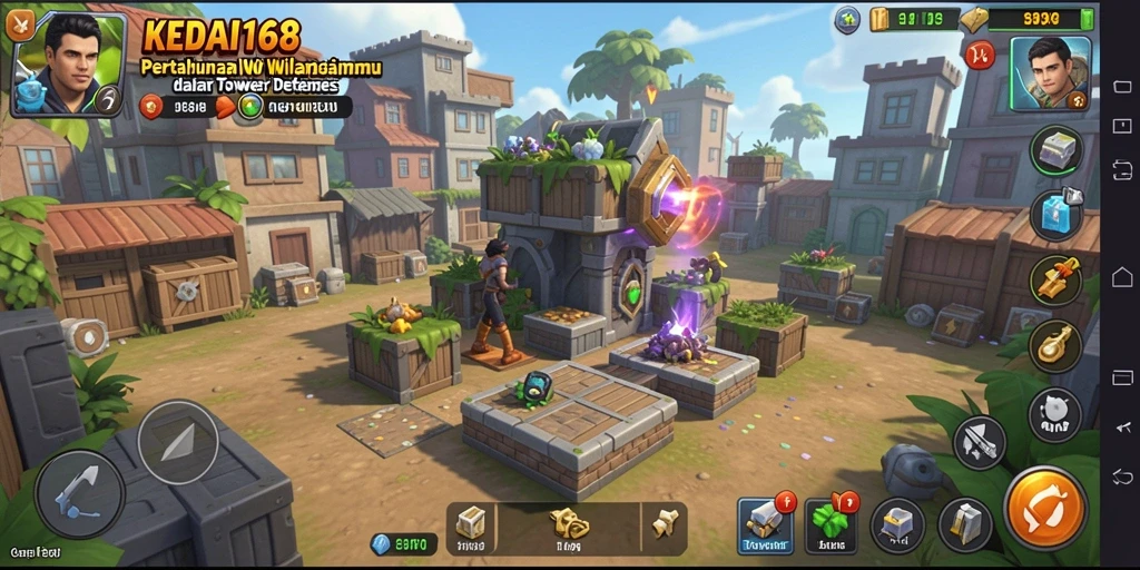 Tampilan gameplay KEDAI168 dengan menara dan musuh di layar.