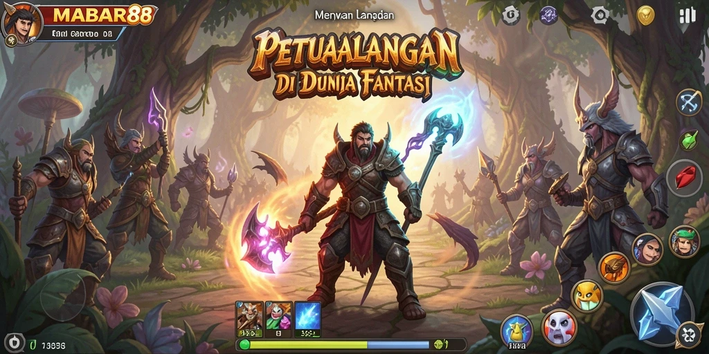 Tampilan seru permainan MABAR88 dengan karakter menjelajahi dunia fantasi.