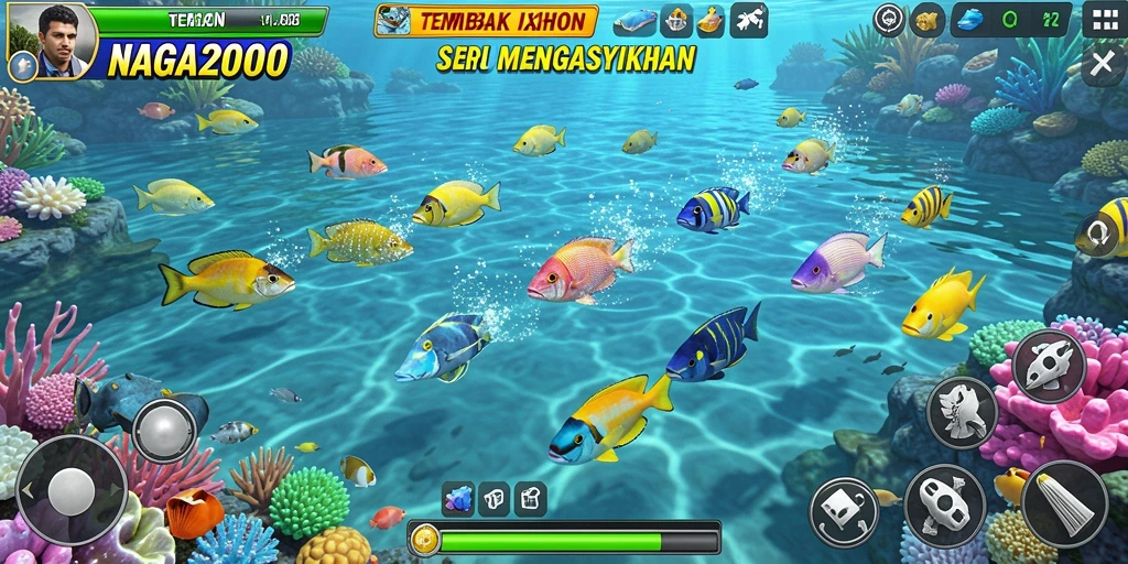 Screenshot gameplay NAGA2000 menampilkan aksi seru berburu ikan.