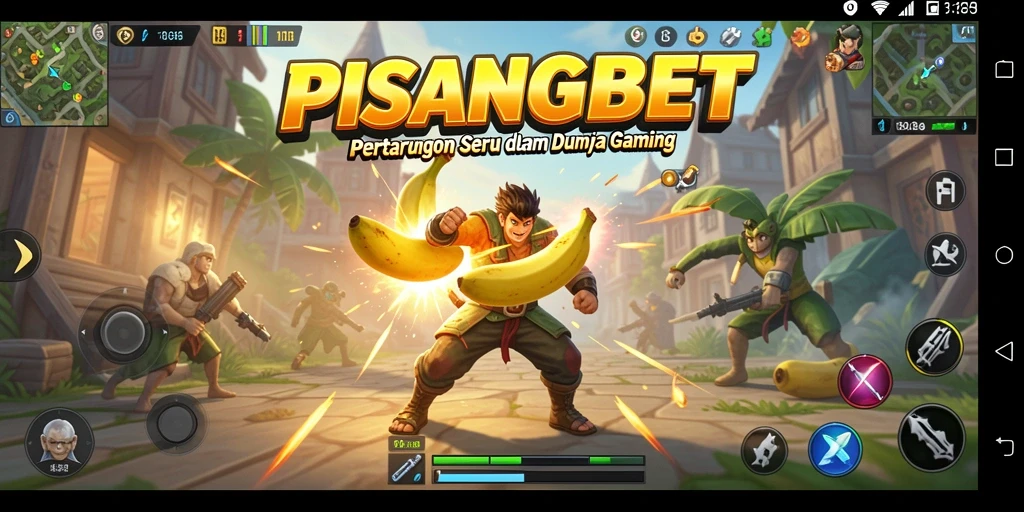 Screenshot utama PISANGBET menunjukkan serunya pertarungan karakter di arena.