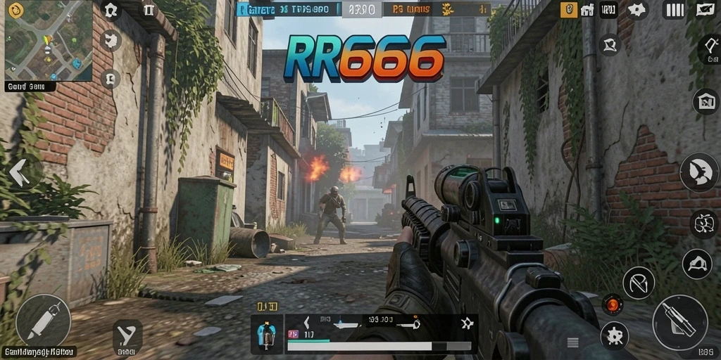 Screenshot gameplay <strong>RR666</strong> menampilkan aksi tembak-menembak yang intens.