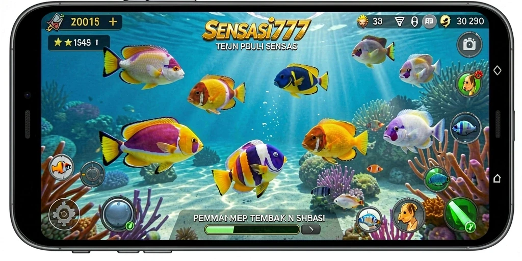 Screenshot SENSASI777 menampilkan aksi seru menembak ikan di bawah laut.