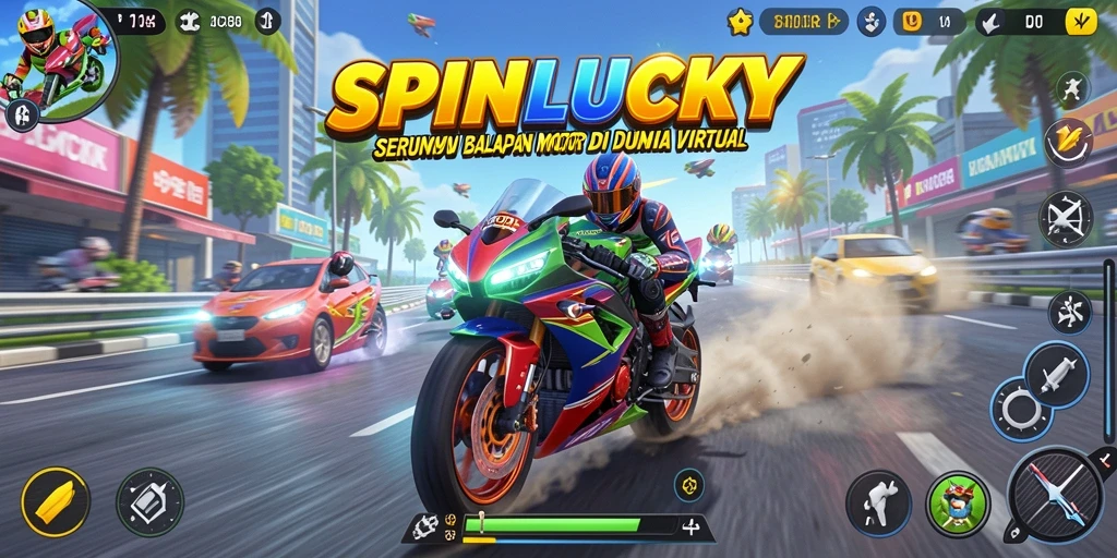 Gameplay seru SPINLUCKY dengan balapan motor yang mendebarkan.
