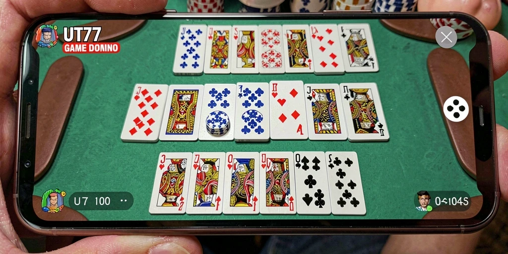 Screenshot utama UT77 menampilkan gameplay seru dalam bermain domino.