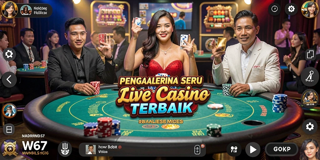 Screenshot gameplay W67 menampilkan dealer profesional dan suasana kasino yang mengasyikkan.